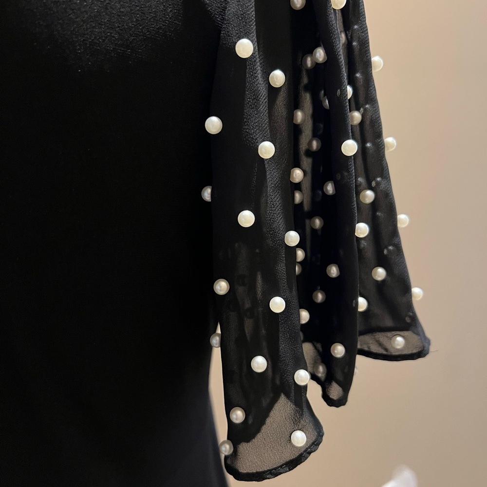 CLOSET SALE NEW! CeCE Black Top with Pearl Detail on semi sheer sleeves NWT - Picture 4 of 6